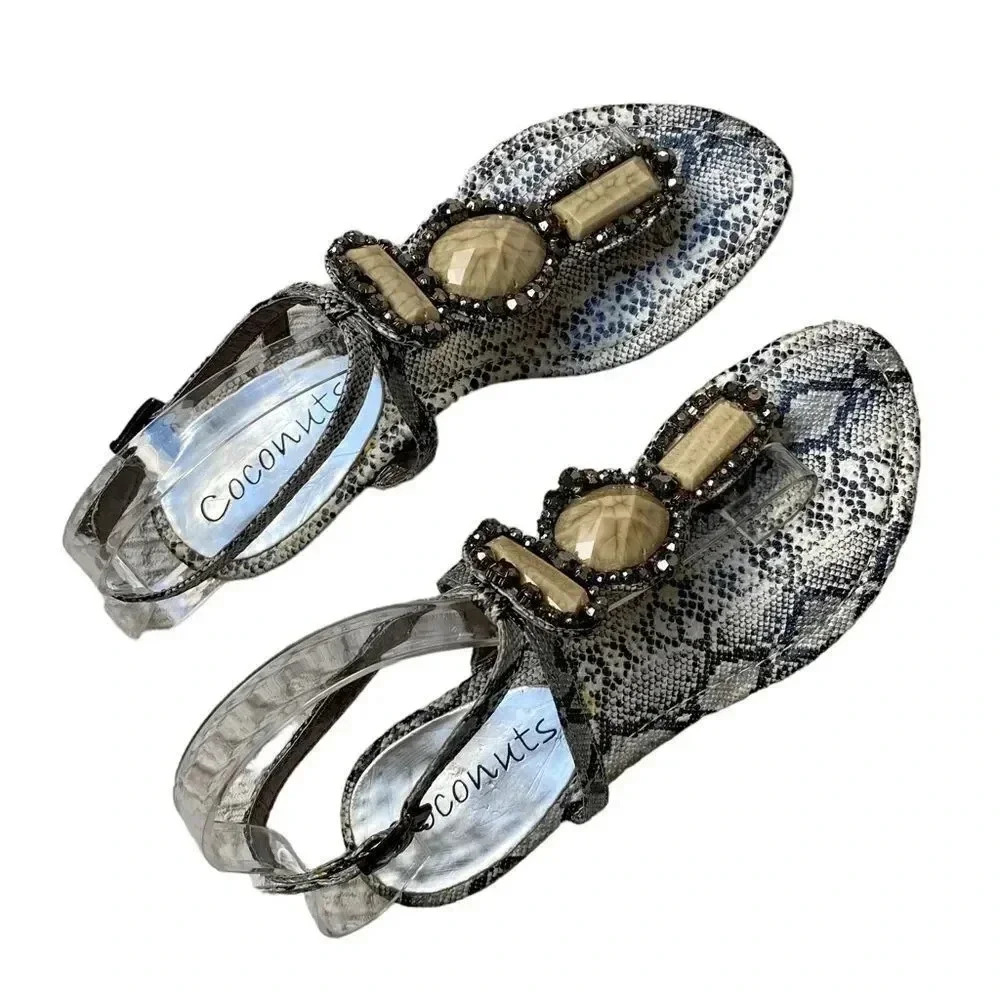 Coconuts Beverly Black & White Snakeskin Stone Embellished T Strap Thong Sandals - Picture 6 of 11